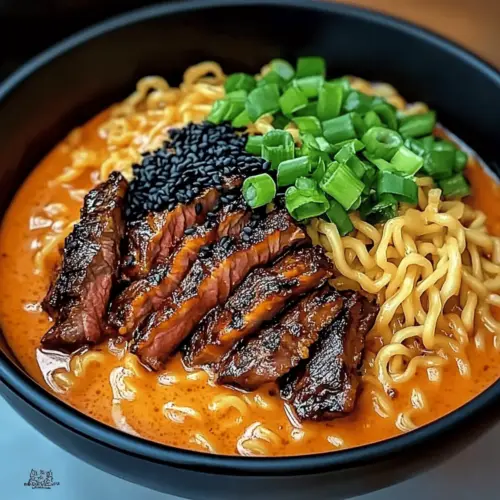 Spicy Korean Ramen with Grilled Beef & Creamy Sauce