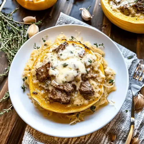 Keto Low Carb Steak Gorgonzola Alfredo Spaghetti Squash