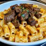 Cajun Steak Tips in Cheesy Rigatoni Parmesan Sauce
