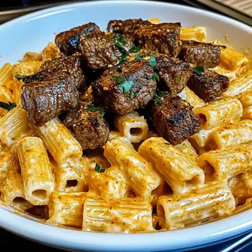 Cajun Steak Tips in Cheesy Rigatoni Parmesan Sauce