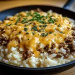 Garlic Butter Beef and Rice Skillet with Cheddar Parmesan Sauce