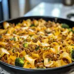 Mongolian Ground Beef and Noodles in Skillet